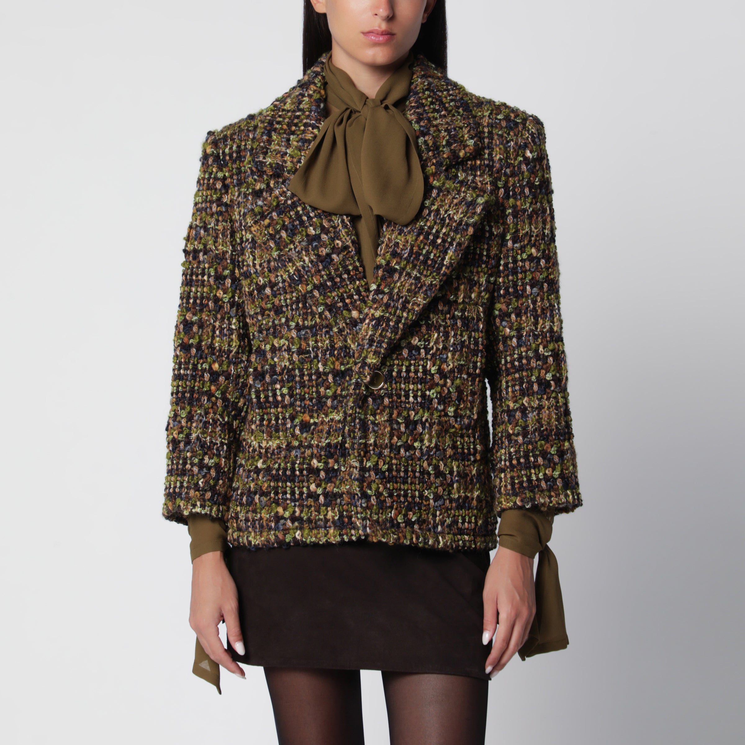 Saint Laurent Giacca monopetto kaki in tweed di lana