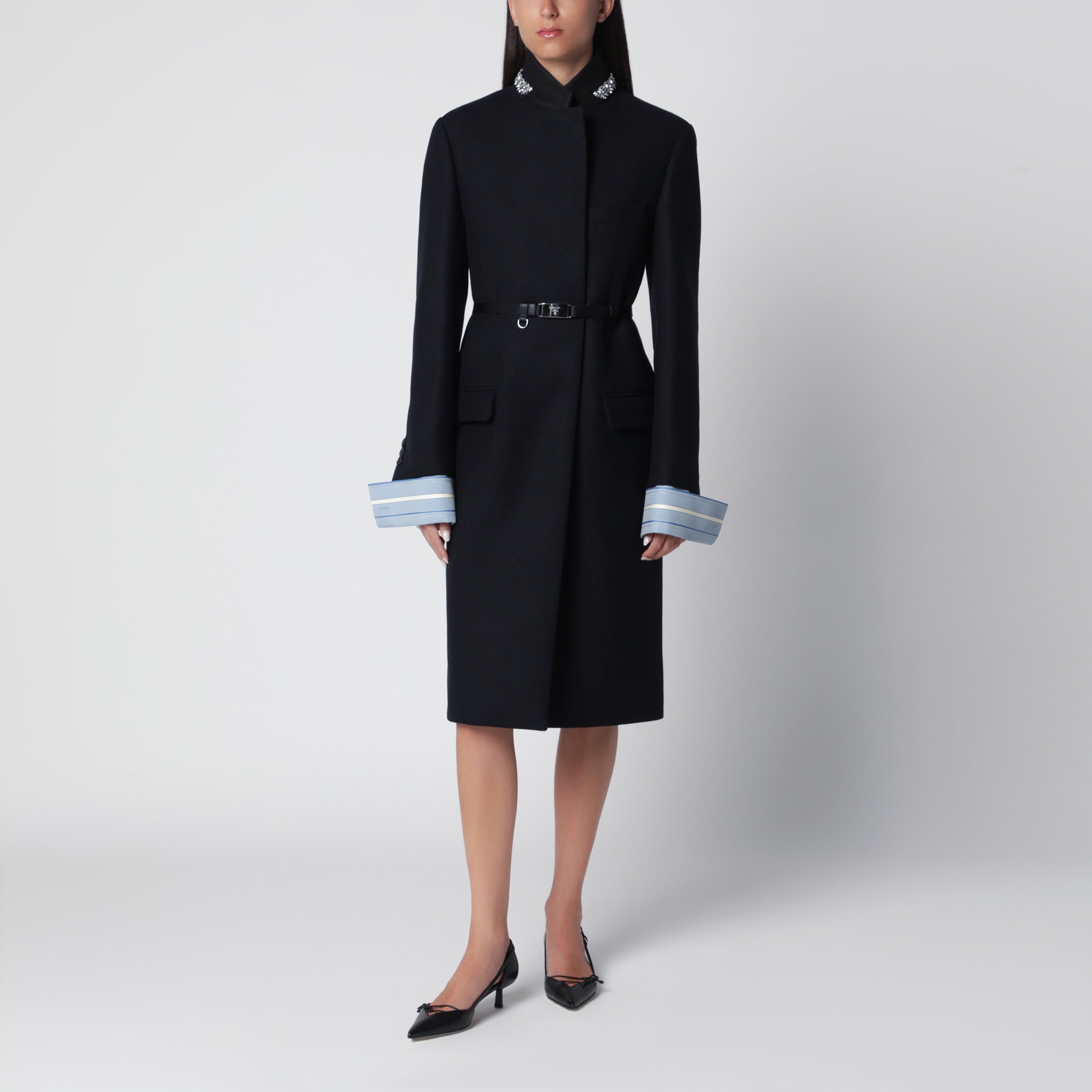 Prada Cappotto blu in lana con cintura