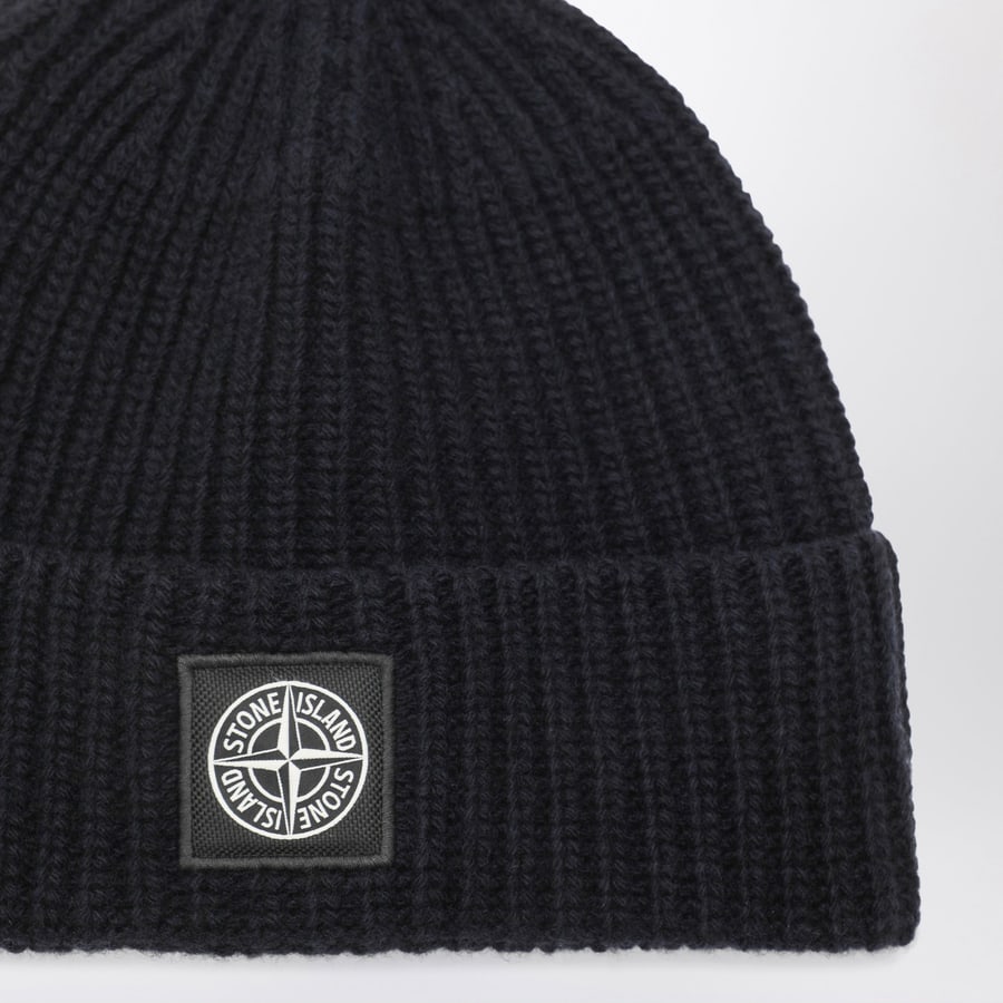 Stone Island Berretto blu navy in lana con patch Compass, view 3