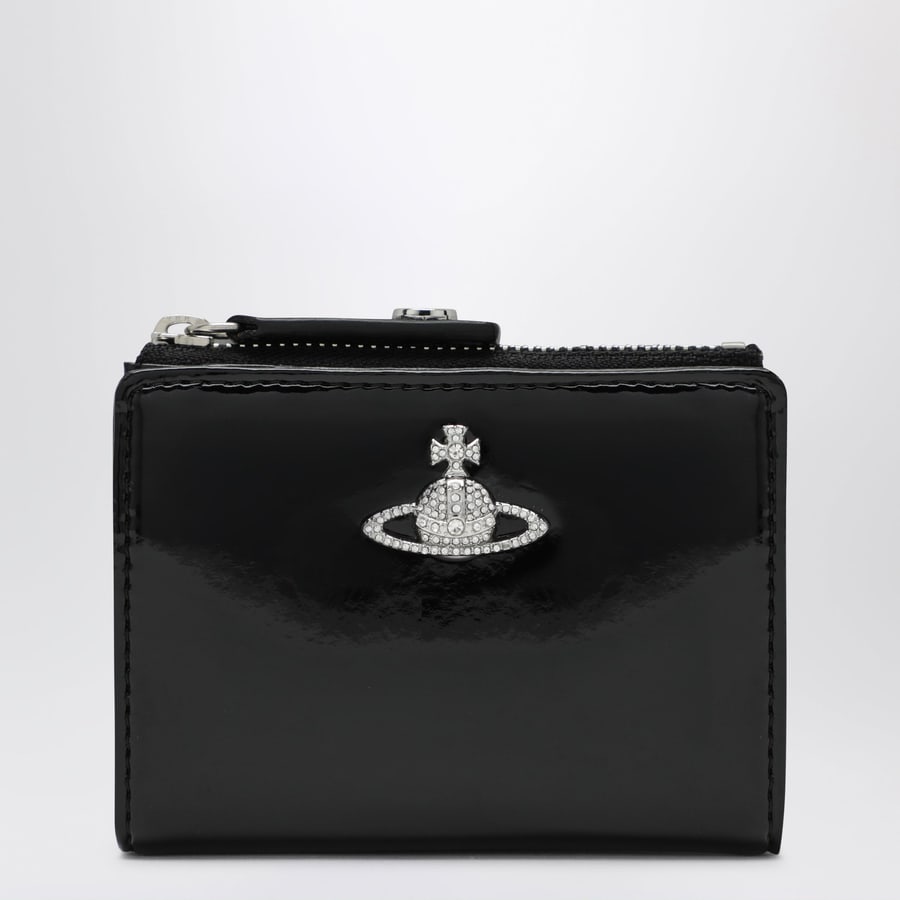 Vivienne Westwood Portacarte Slim Flap nero con Orb Bas Relief con cristalli