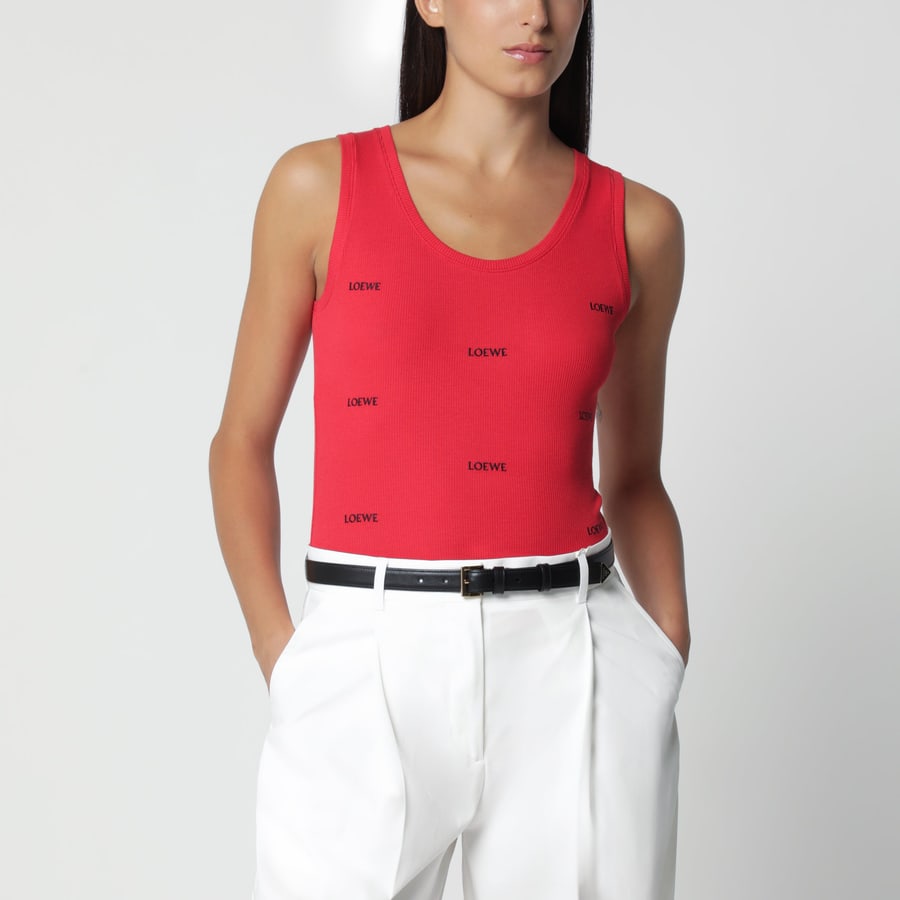Loewe Canotta rossa in cotone a coste con ricami logo
