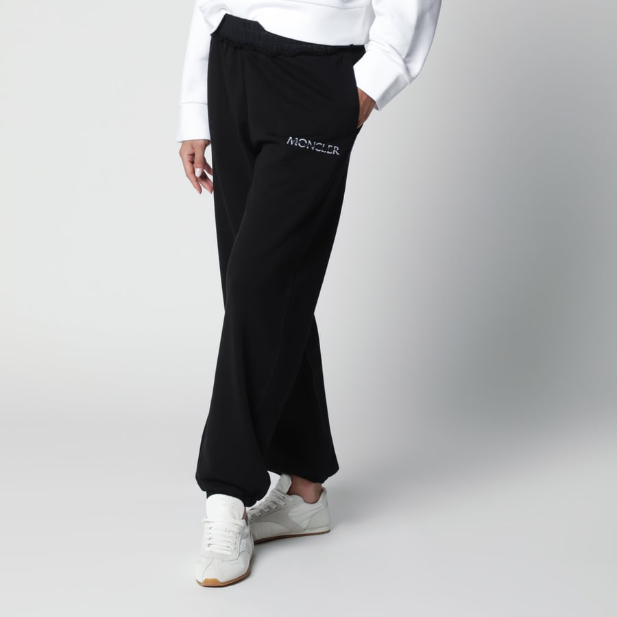 Moncler Pantaloni jogging neri in cotone con logo, view 3