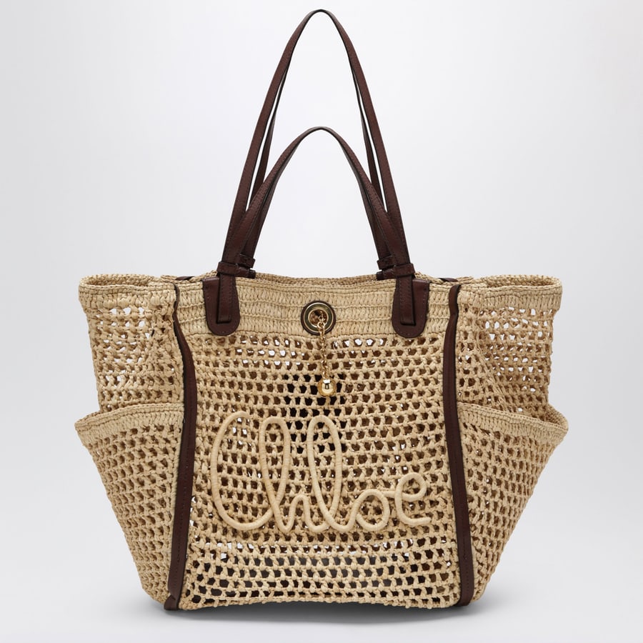 Chloé Borsa Iconic in rafia e pelle color sabbia/marrone