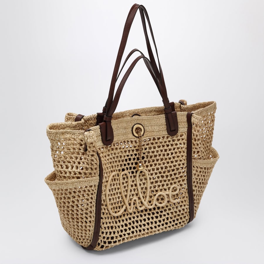 Chloé Borsa Iconic in rafia e pelle color sabbia/marrone, view 3