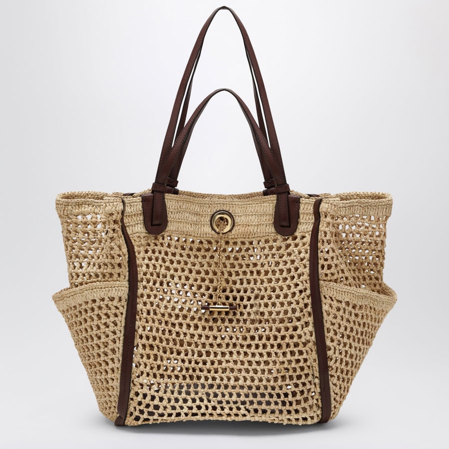 Chloé Borsa Iconic in rafia e pelle color sabbia/marrone, view 4
