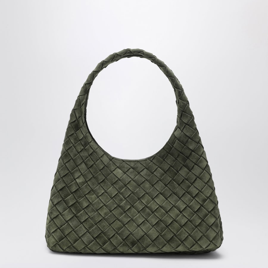 Bottega Veneta Borsa misura piccola Campana in suede Intrecciato verde scuro