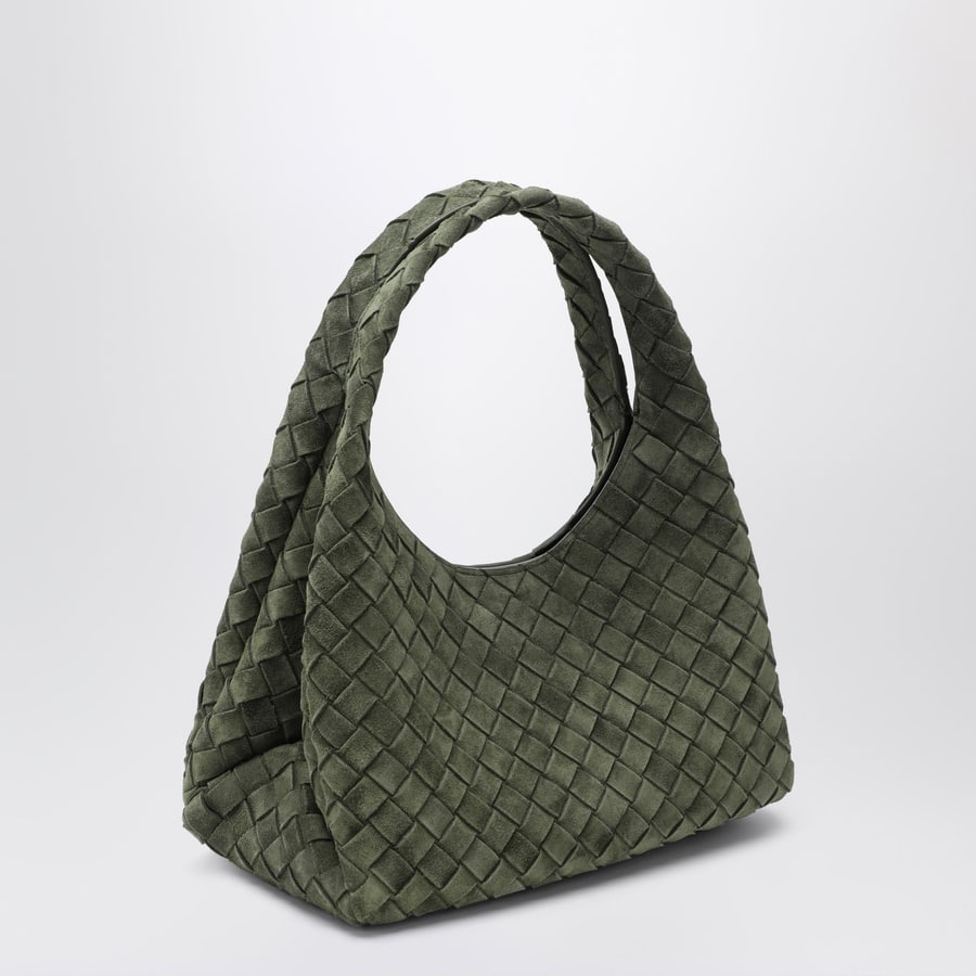 Bottega Veneta Borsa misura piccola Campana in suede Intrecciato verde scuro, view 3
