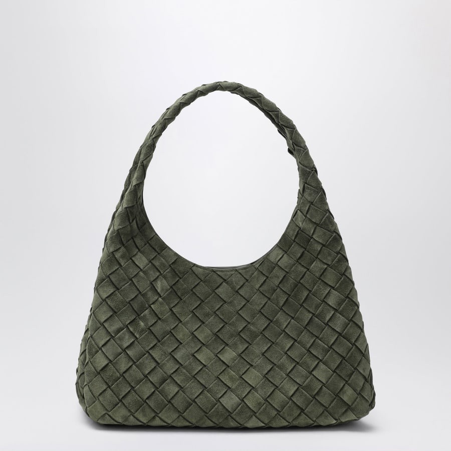 Bottega Veneta Borsa misura piccola Campana in suede Intrecciato verde scuro, view 4