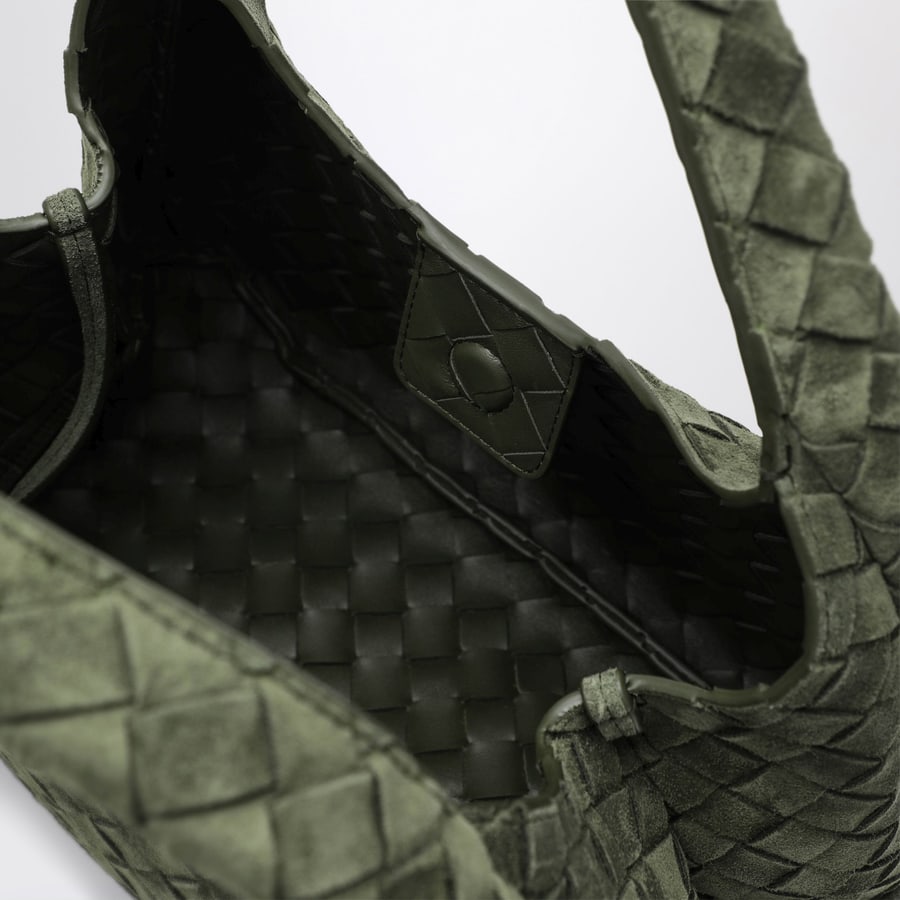 Bottega Veneta Borsa misura piccola Campana in suede Intrecciato verde scuro, view 5