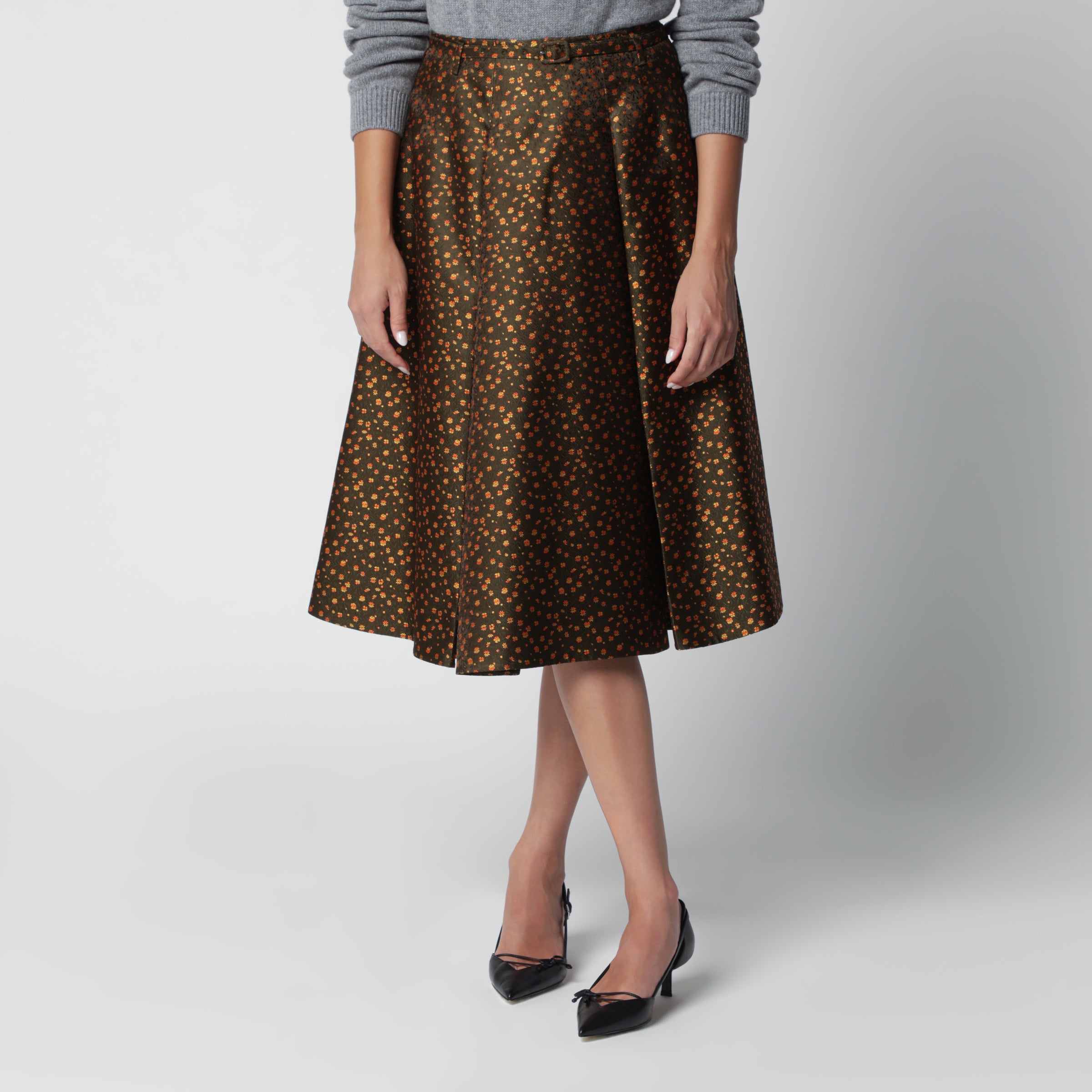 Prada Gonna verde militare con motivo floreale