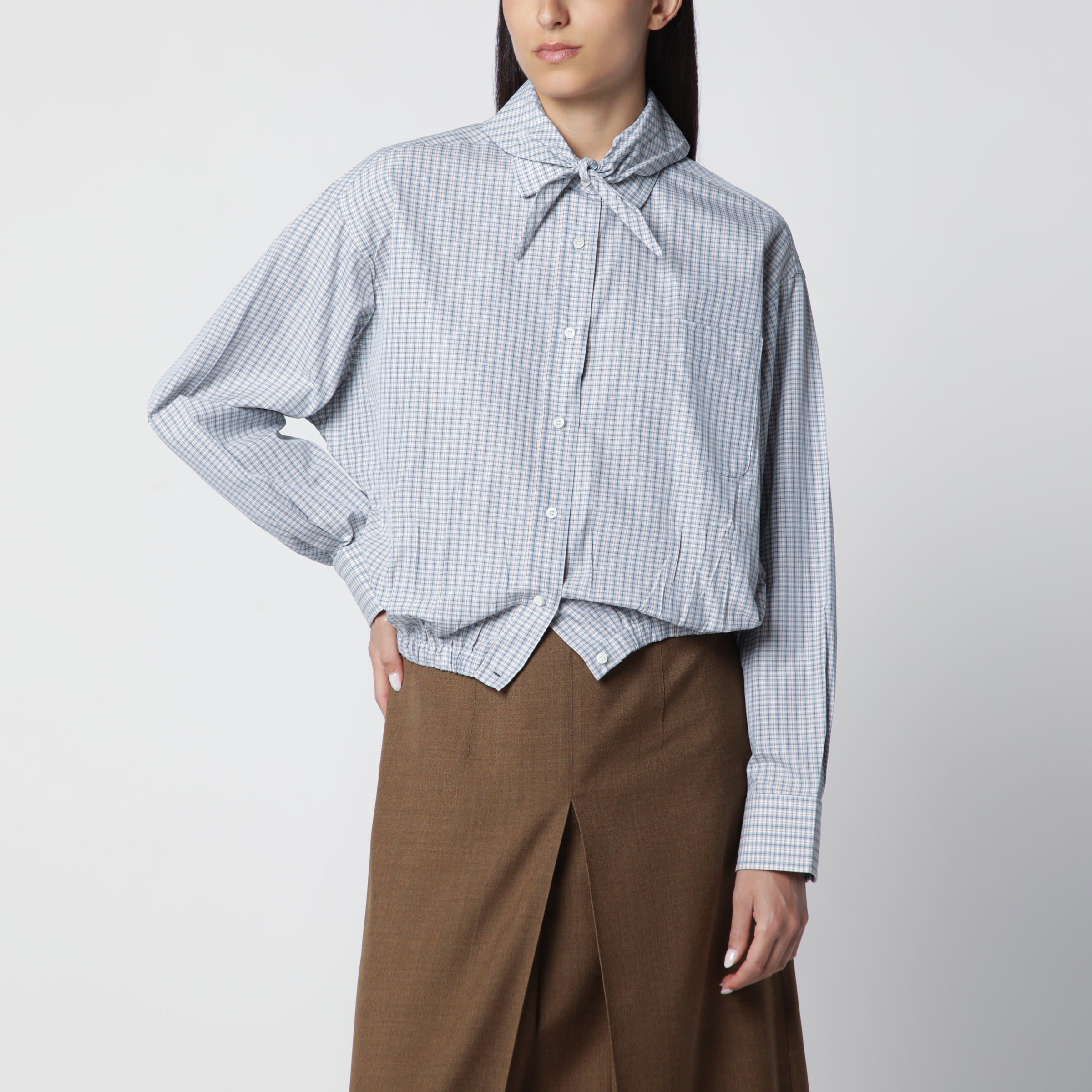 Prada Camicia color sabbia motivo check in cotone con foulard