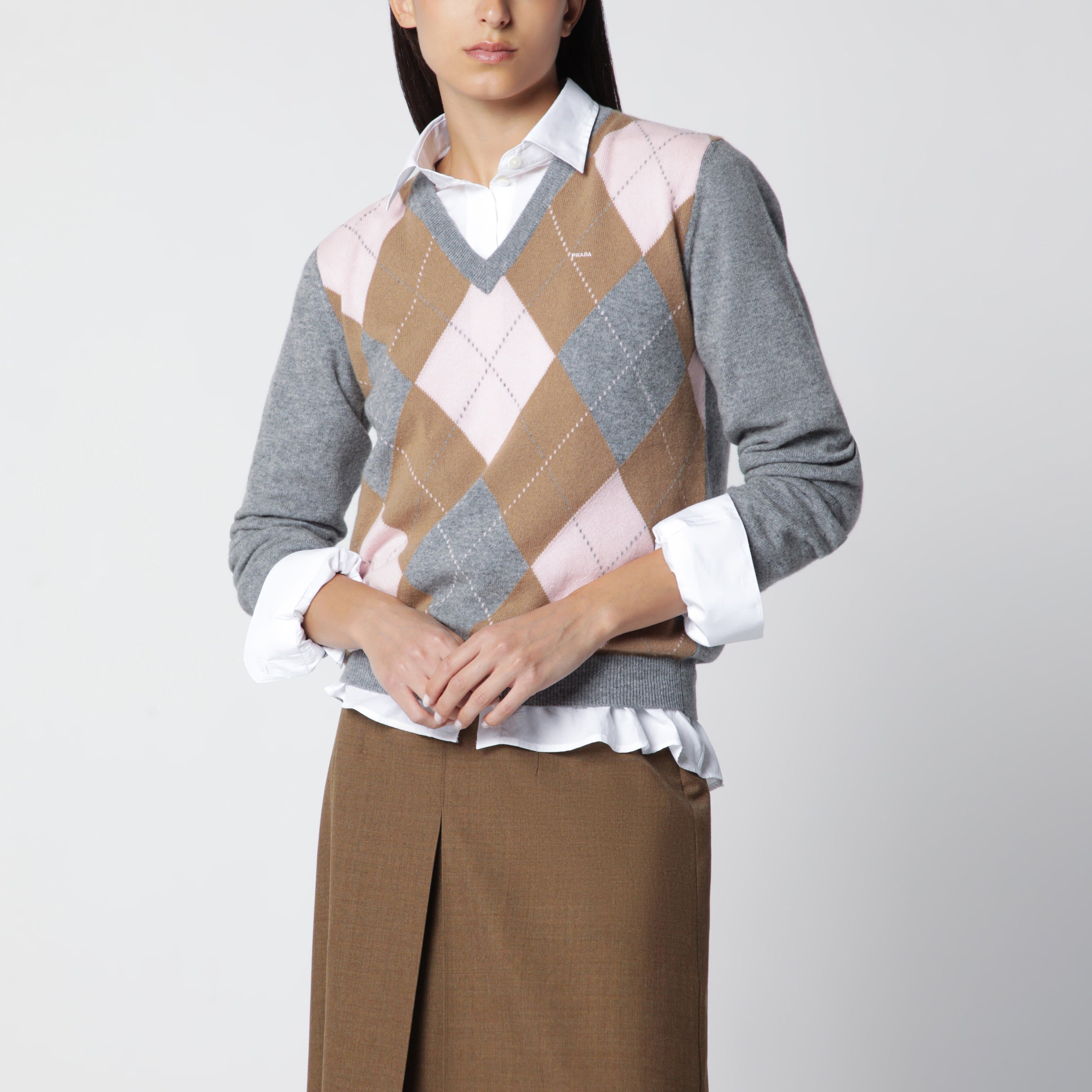 Prada Maglione grigio con motivo Argyle in cashmere