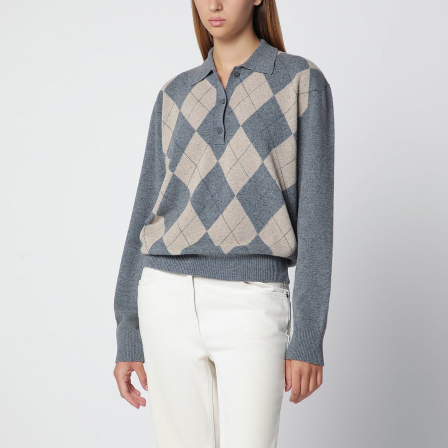 ROHE Polo grigia con motivo Argyle beige in misto lana