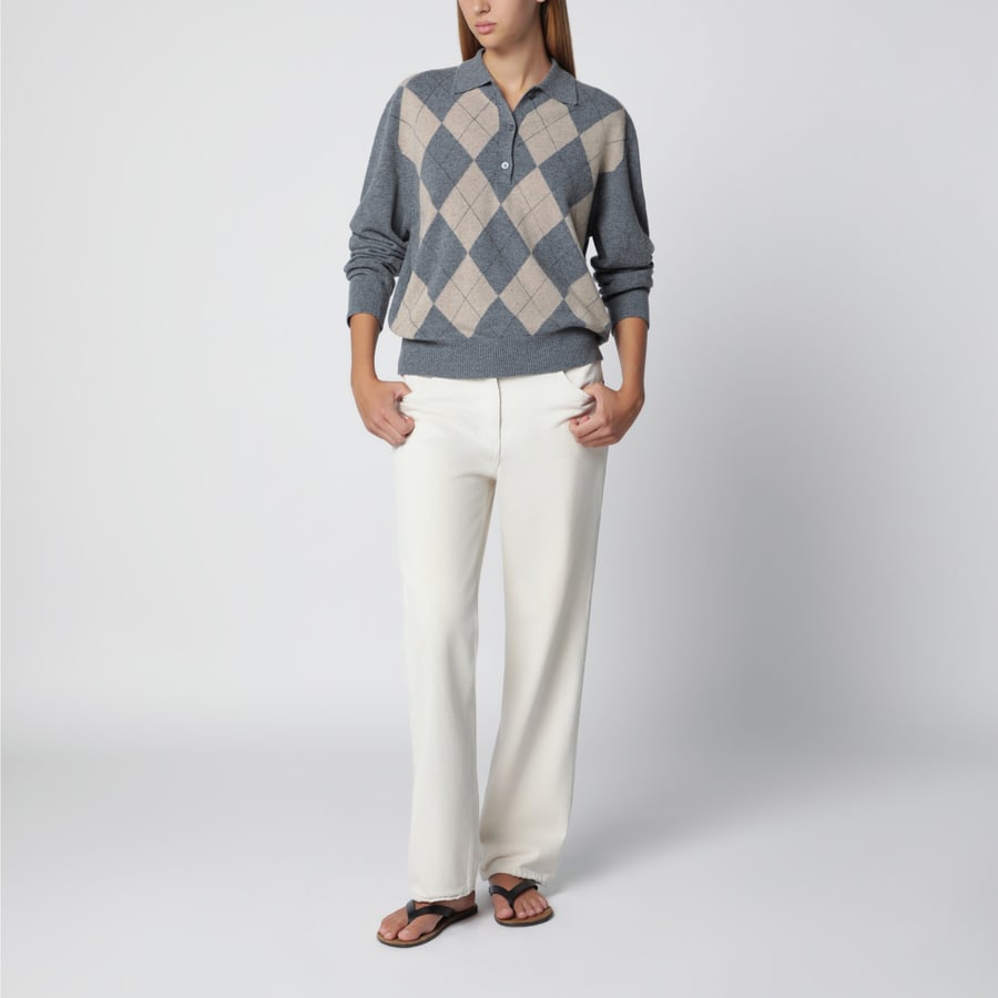 ROHE Polo grigia con motivo Argyle beige in misto lana, view 2