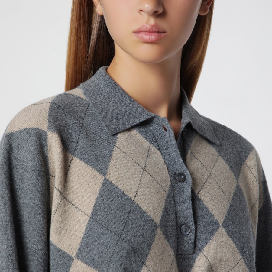ROHE Polo grigia con motivo Argyle beige in misto lana, view 4