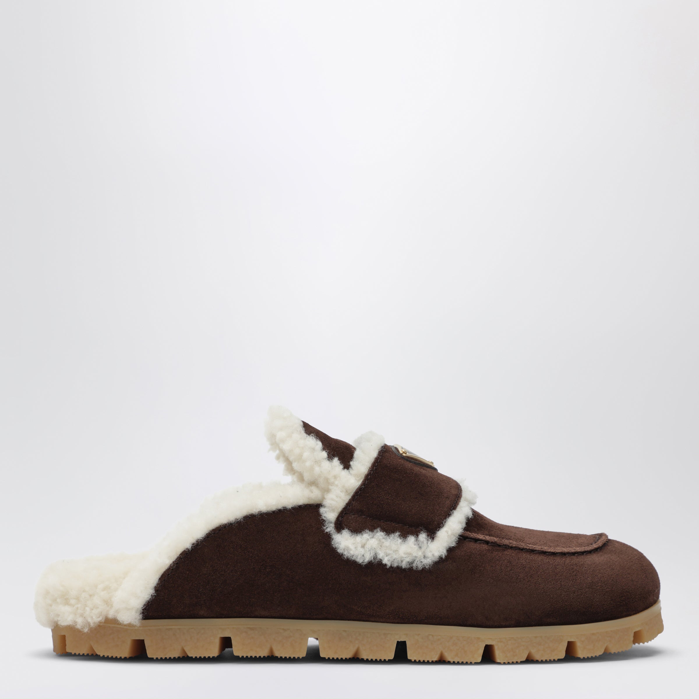 Prada Sabot in pelle scamosciata e montone marrone