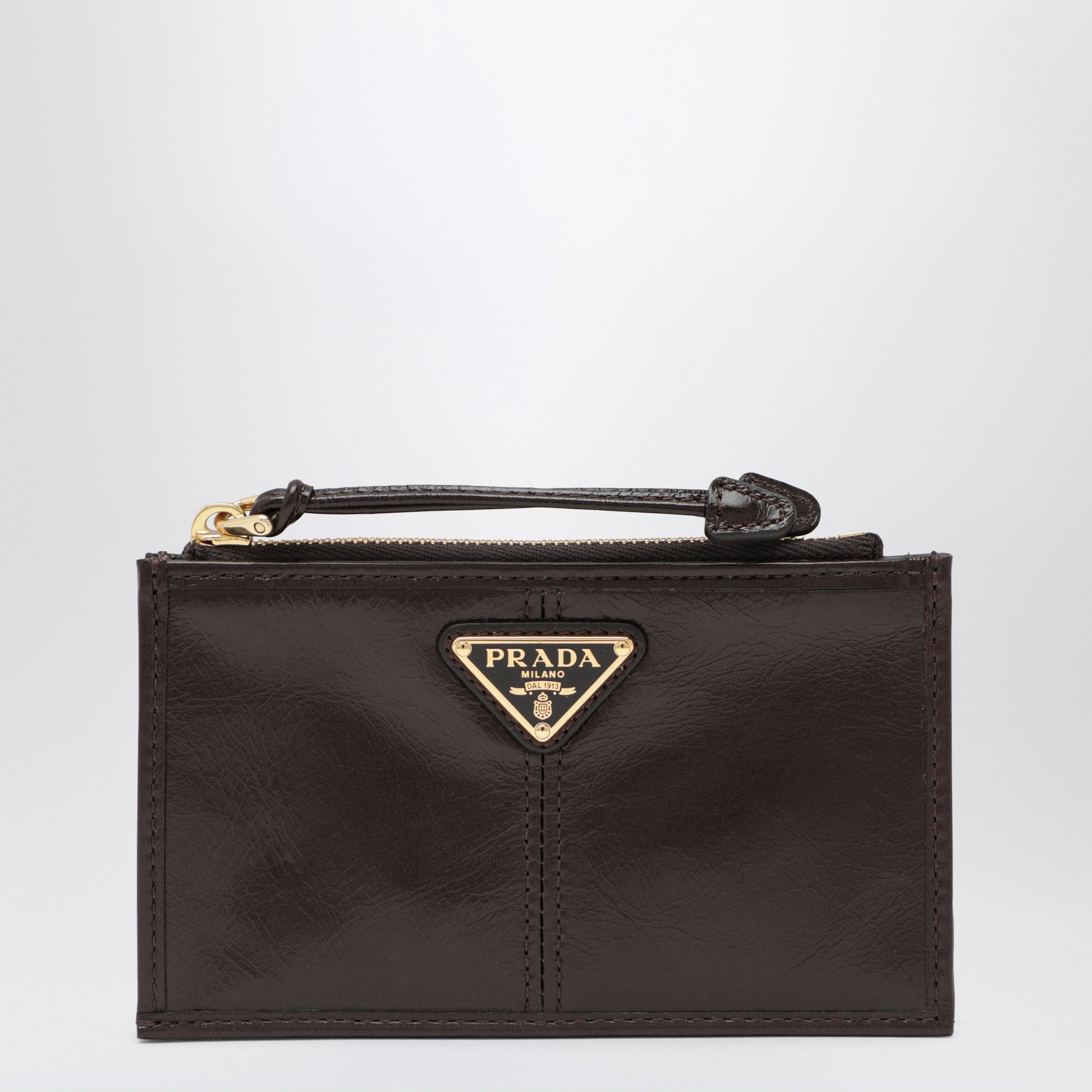 Prada Portacarte con zip in pelle di vitello color moro