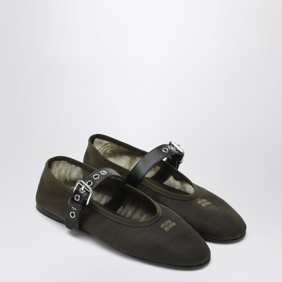 Miu Miu Ballerine con fibbia verde oliva in tessuto, view 2