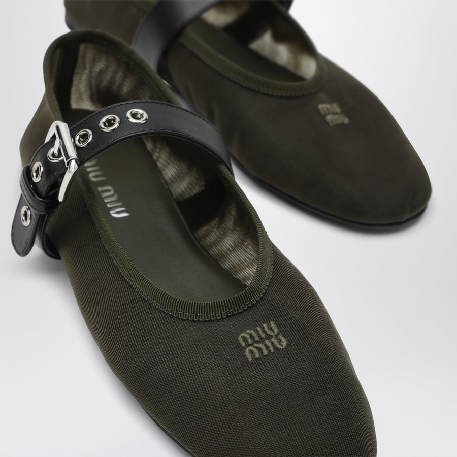 Miu Miu Ballerine con fibbia verde oliva in tessuto, view 5
