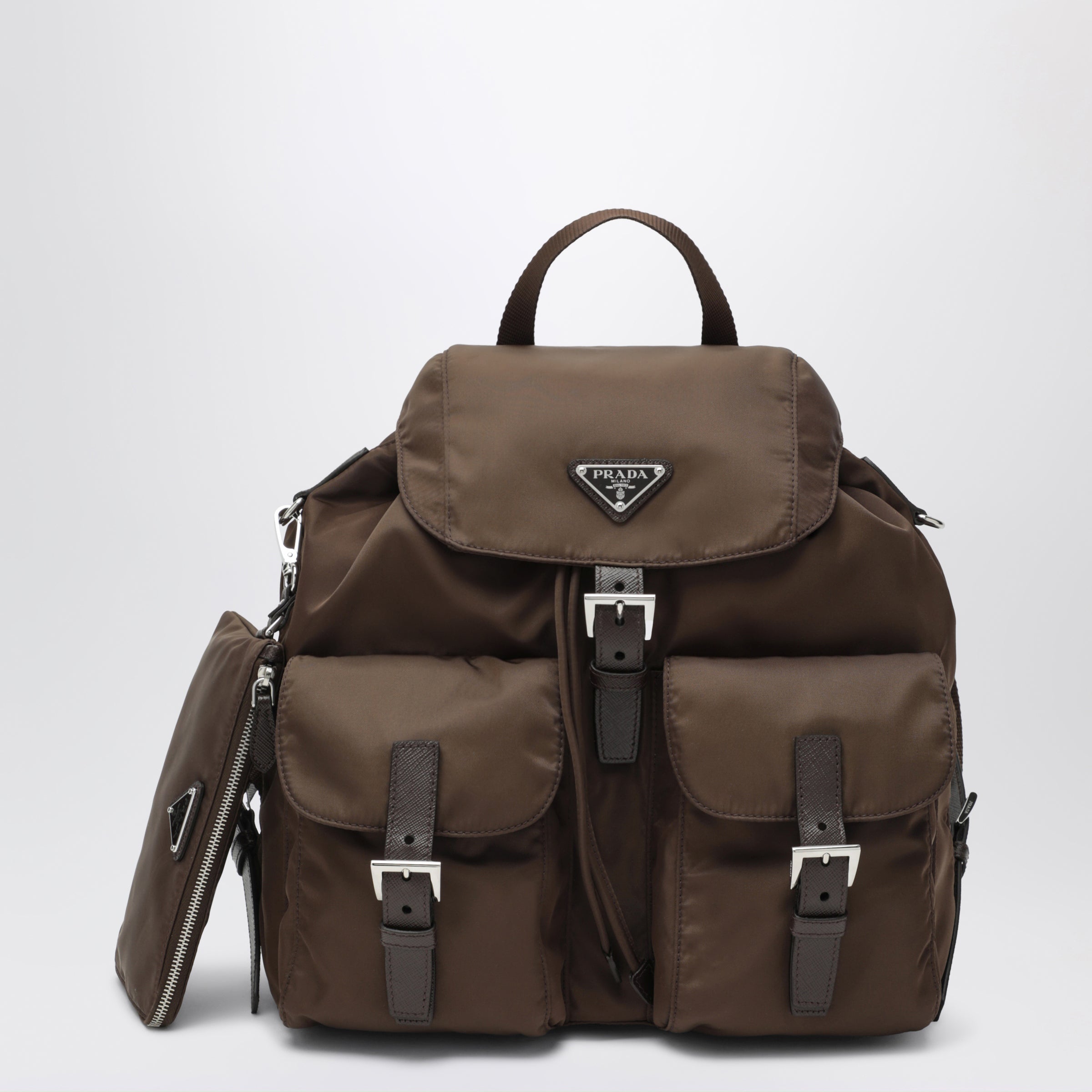 Prada Zaino in Re-Nylon e Saffiano con pouch marrone