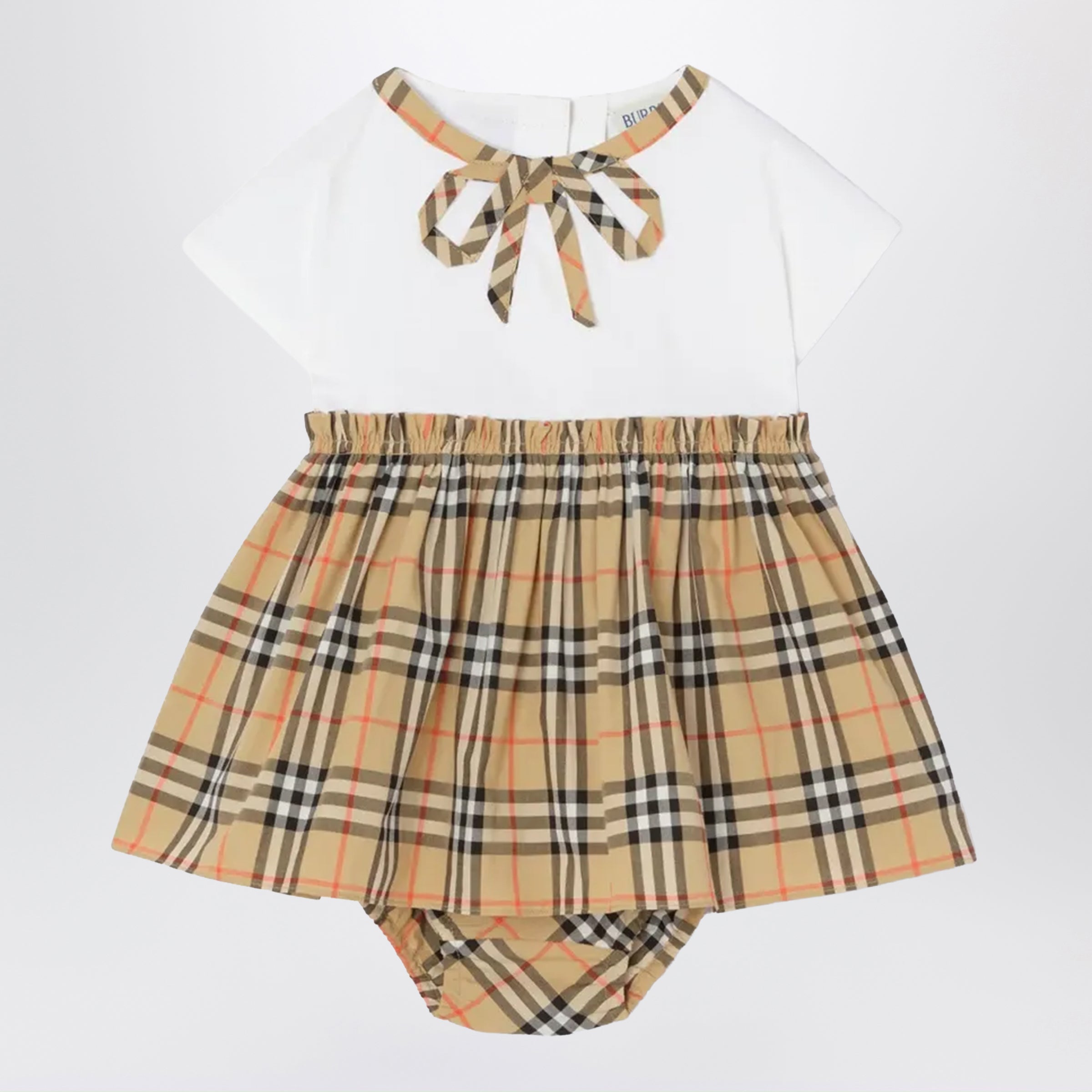 Burberry Vestitino e pantaloncini bloomer in cotone con fiocco Check