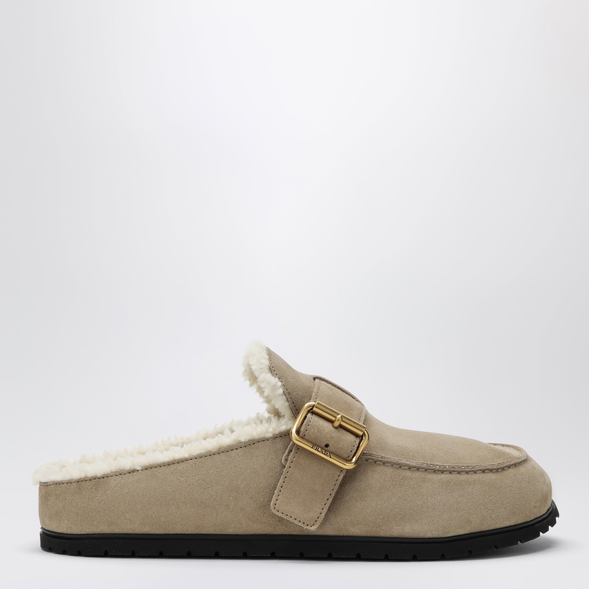 Prada Sabot in suede color deserto con interno in shearling