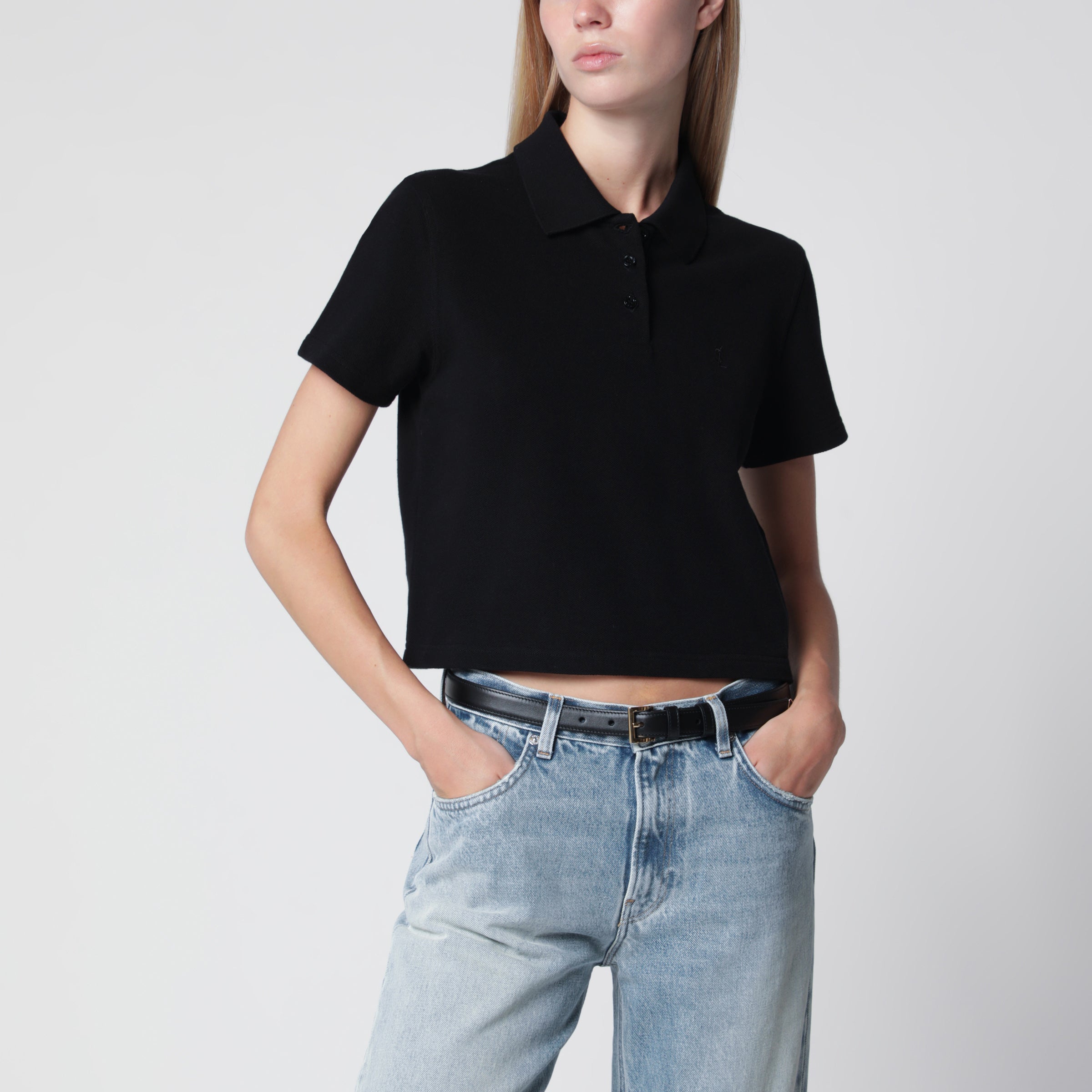 Saint Laurent Polo cropped nera in piquet di cotone