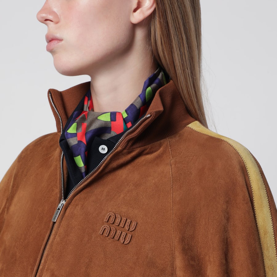 Miu Miu Giubbotto in pelle scamosciata cerata cognac, view 4