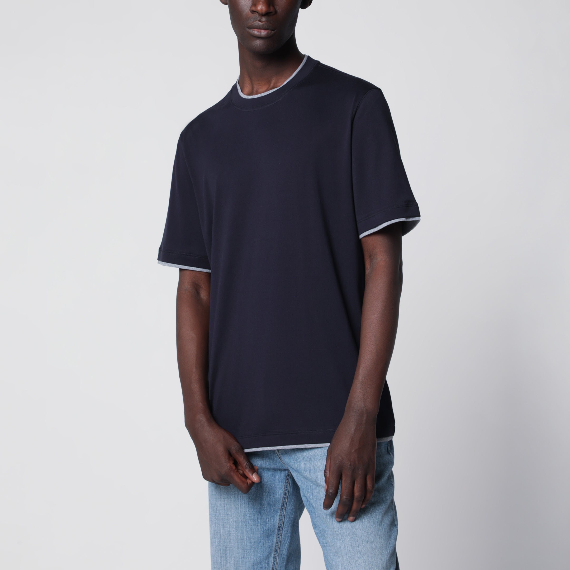 Brunello Cucinelli T-shirt girocollo layering in jersey di cotone cobalto