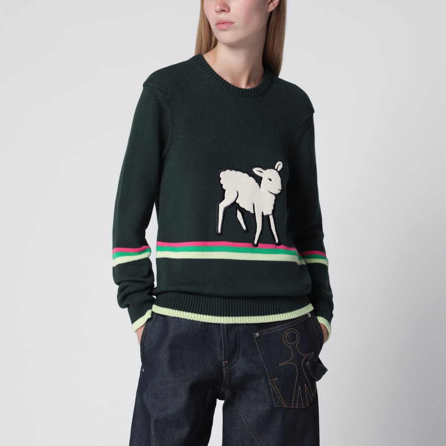 JW Anderson Maglione in cotone verde scuro con ricamo pecora