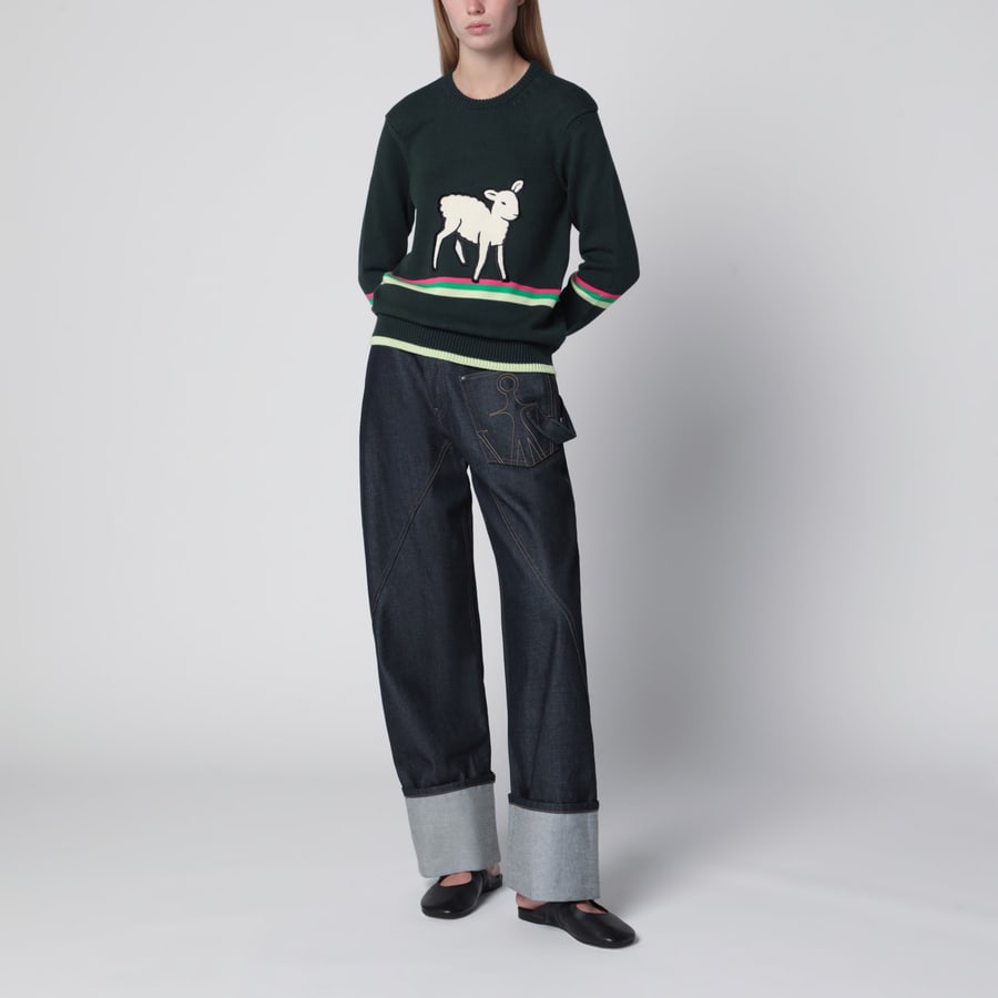JW Anderson Maglione in cotone verde scuro con ricamo pecora, view 2