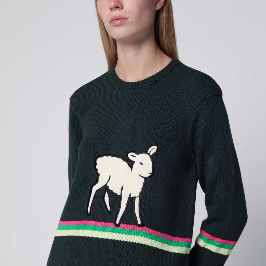 JW Anderson Maglione in cotone verde scuro con ricamo pecora, view 4