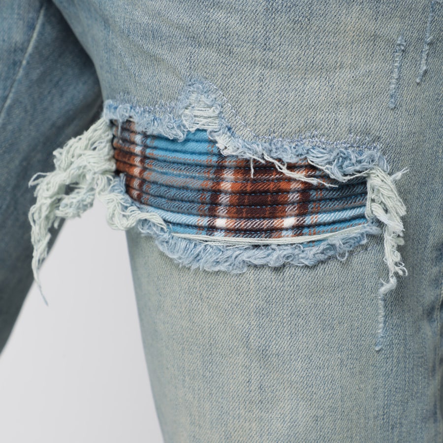 Amiri Jeans MX1 in denim e flanella indigo, view 5