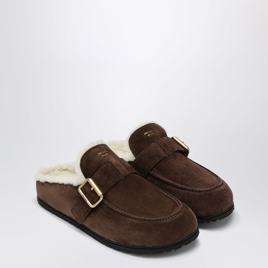 Prada Sabot in suede moro con interno in shearling, view 2