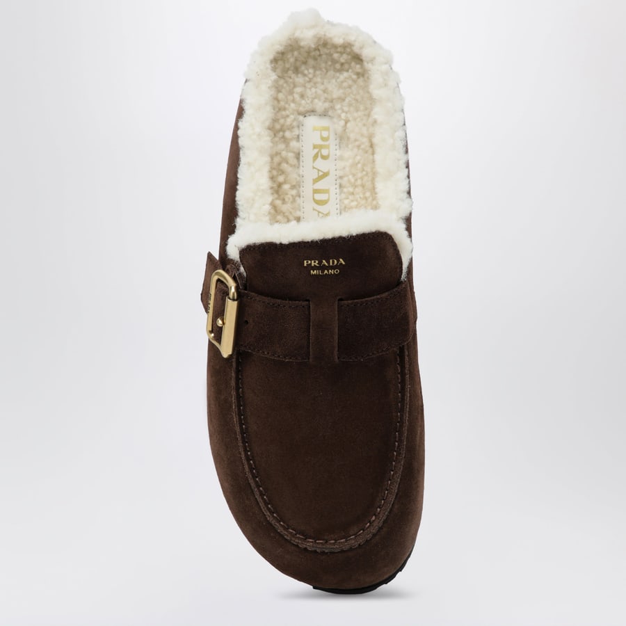 Prada Sabot in suede moro con interno in shearling, view 3
