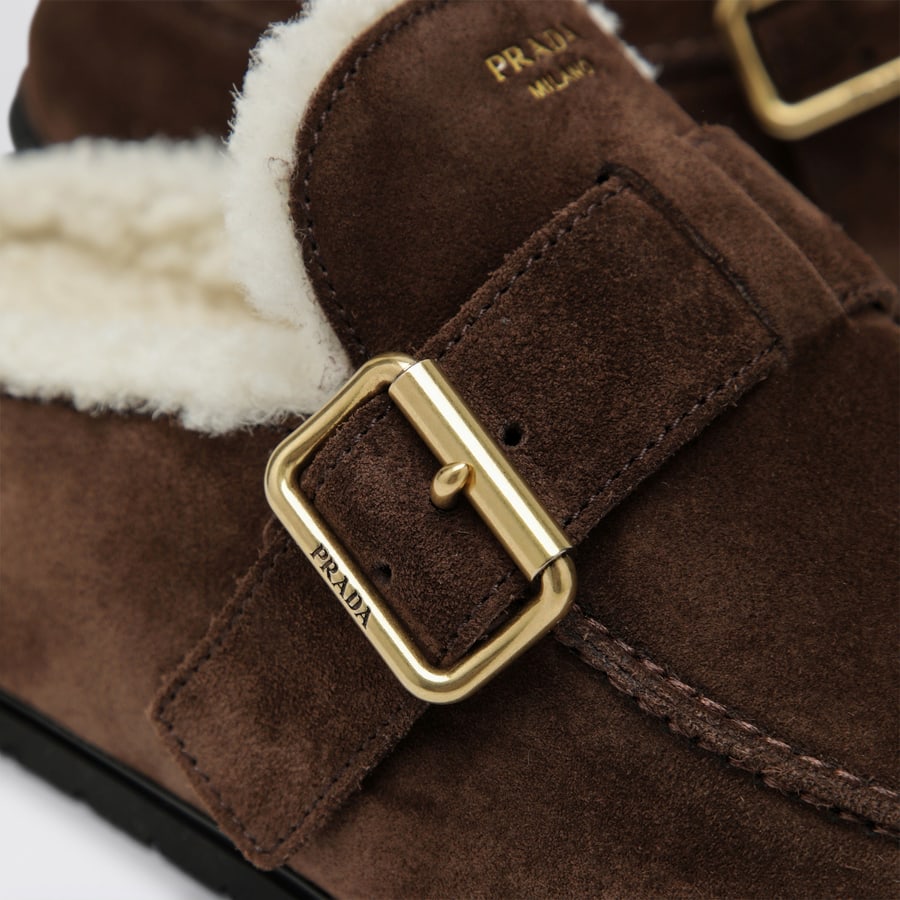 Prada Sabot in suede moro con interno in shearling, view 5