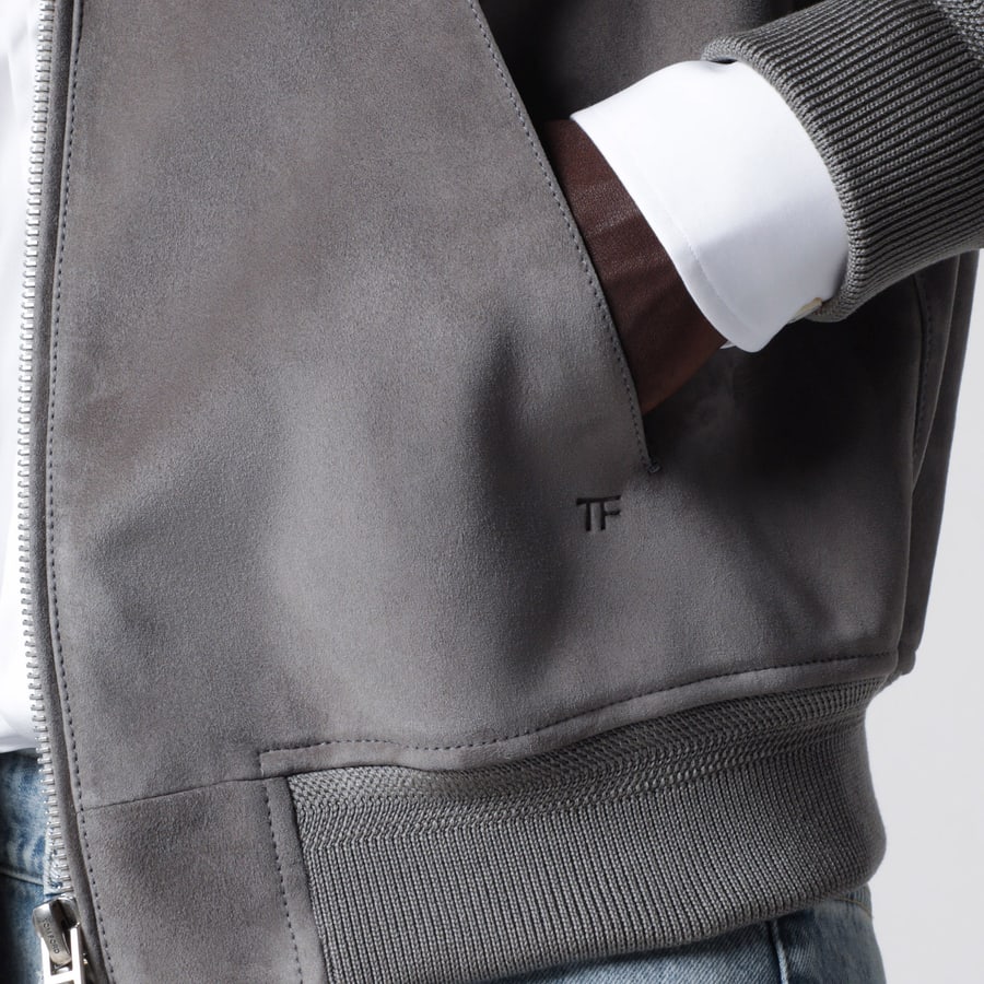 Tom Ford Bomber in pelle scamosciata color titanio, view 4