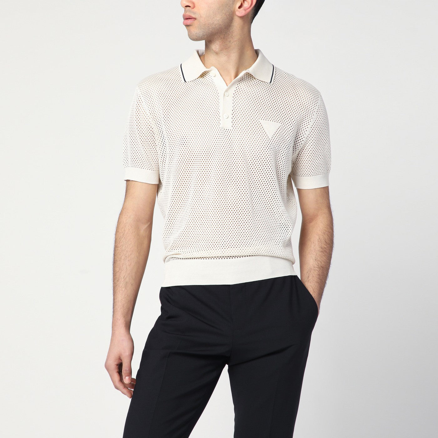 Prada Polo traforata color talco in cotone e seta