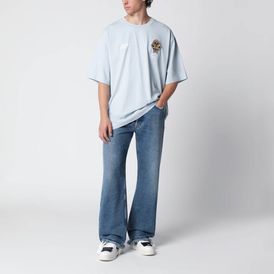 Off-White T-shirt celeste con stampe logo, view 2