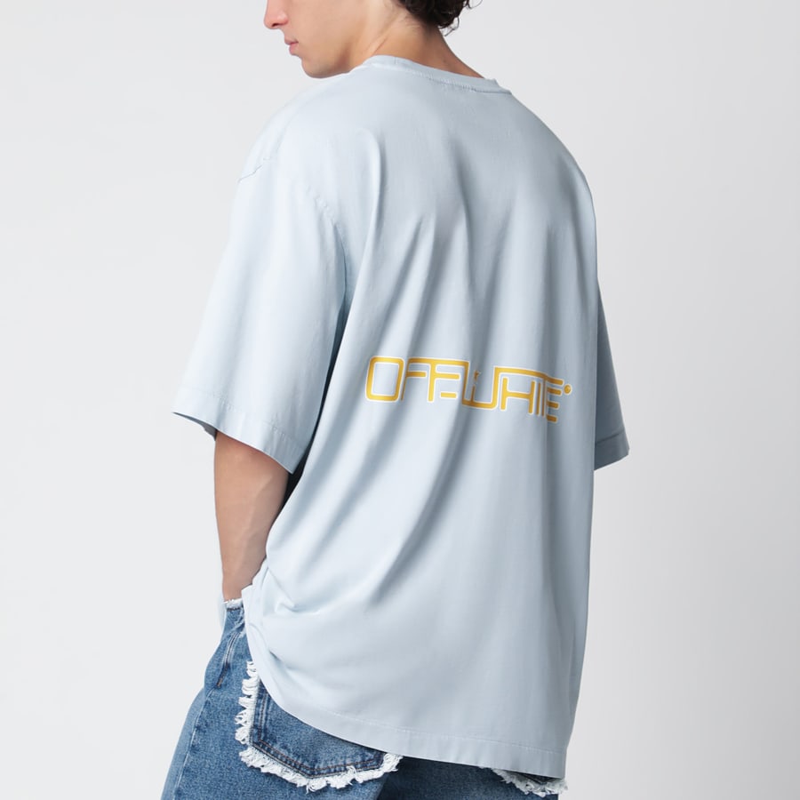 Off-White T-shirt celeste con stampe logo, view 3