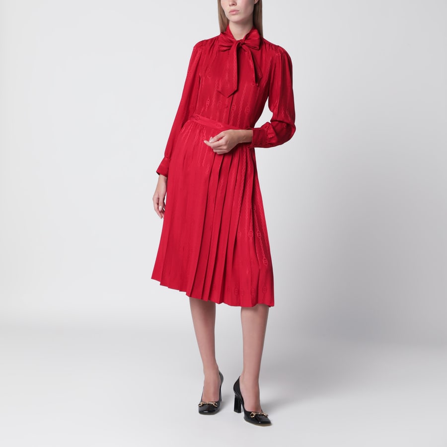 Gucci Gonna midi plissettata in seta jacquard rosso fuoco, view 2