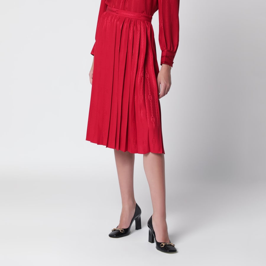 Gucci Gonna midi plissettata in seta jacquard rosso fuoco, view 3