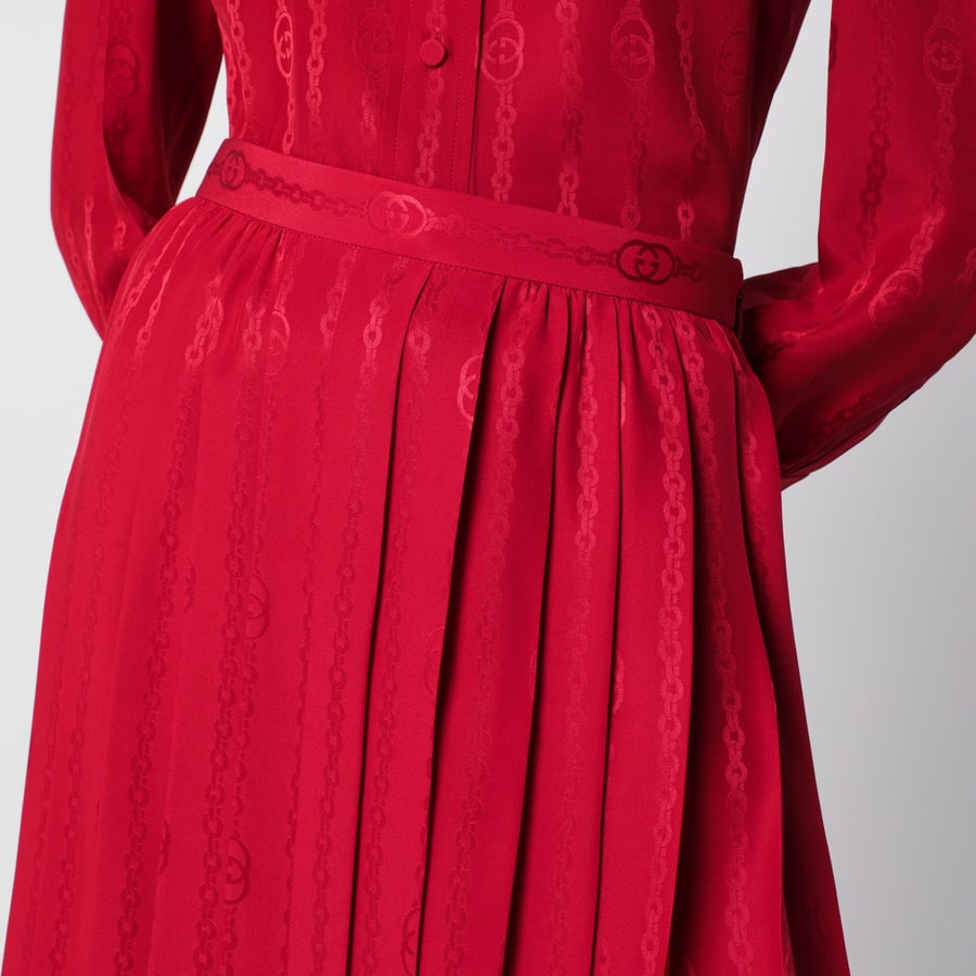 Gucci Gonna midi plissettata in seta jacquard rosso fuoco, view 5