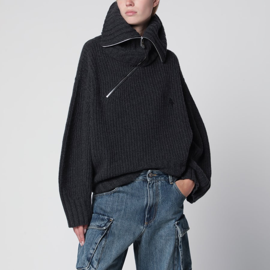 The Attico Maglione in lana e cashmere grigio scuro con zip asimmetrica