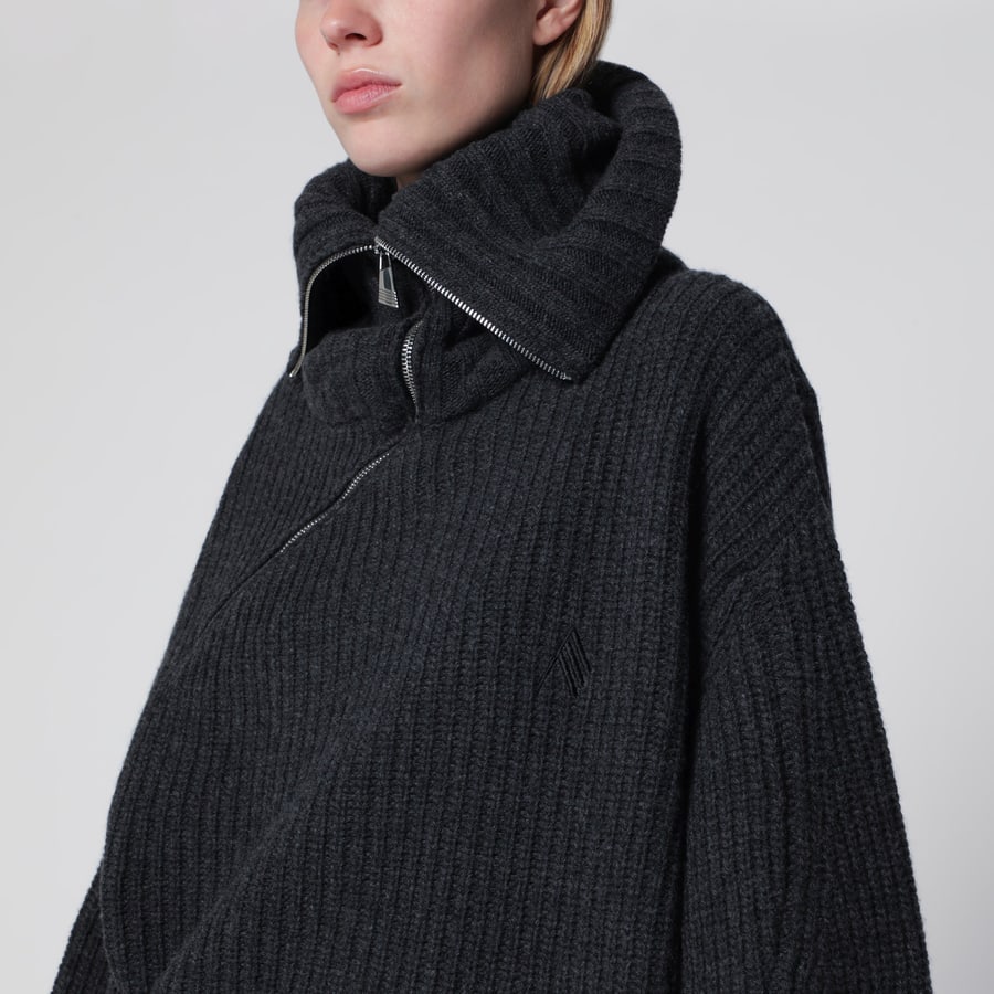 The Attico Maglione in lana e cashmere grigio scuro con zip asimmetrica, view 4