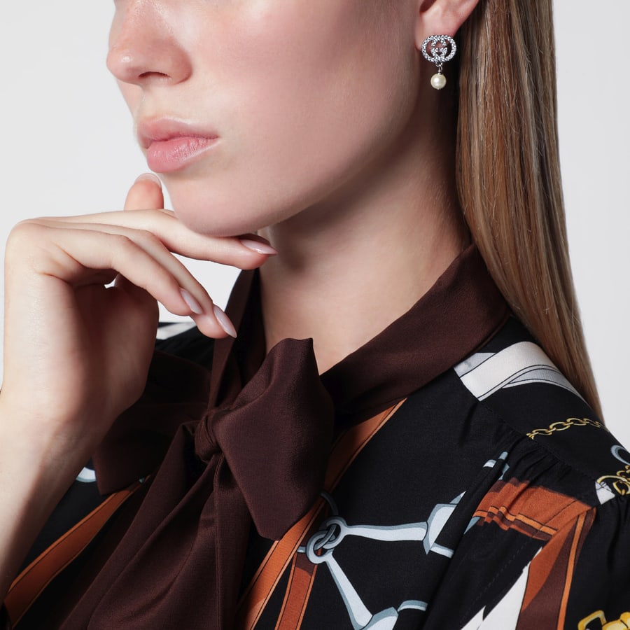 Gucci Orecchini GG con cristalli e perle, view 2