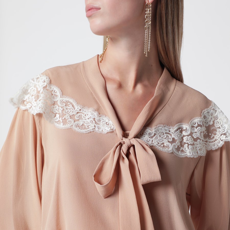 Chloé Camicia rosa biscotto in seta e pizzo, view 4