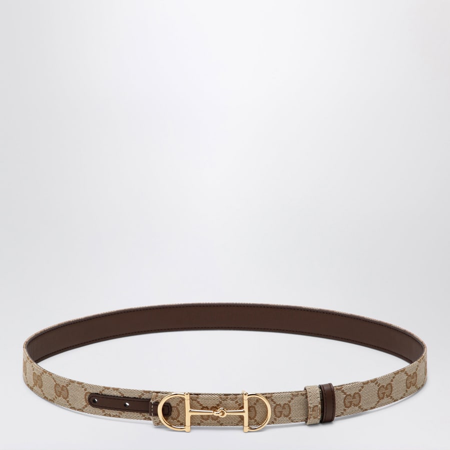 Gucci Cintura reversibile in tessuto GG e pelle sabbia/marrone con fibbia Morsetto