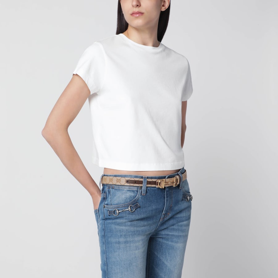 Gucci Cintura reversibile in tessuto GG e pelle sabbia/marrone con fibbia Morsetto, view 2
