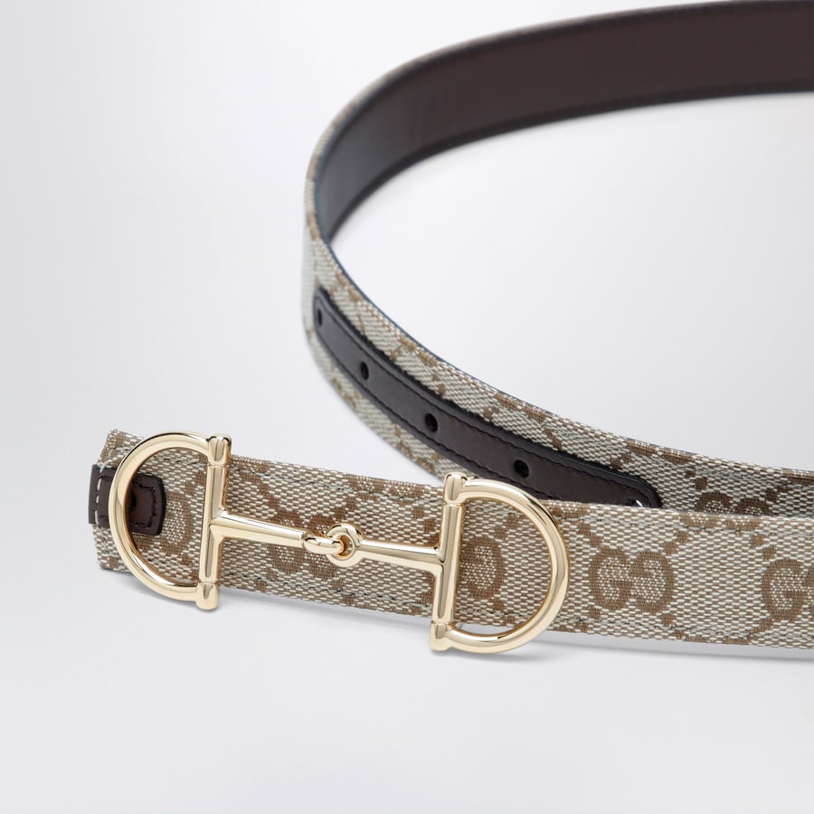 Gucci Cintura reversibile in tessuto GG e pelle sabbia/marrone con fibbia Morsetto, view 3